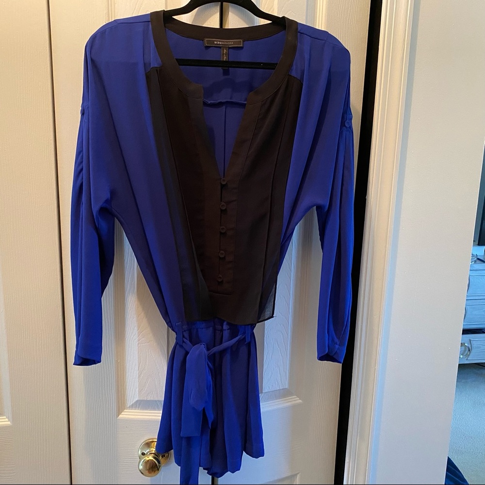 BCBG MaxAzria Crepe Short One-piece suit Royal Blue and Black Colorblock Medium